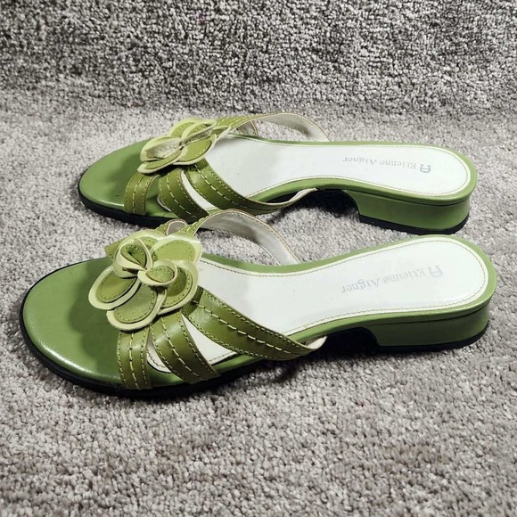 Etienne Aigner Shoes - Etienne Aigner Helga Sandals Green Leather Floral Slide Low Block Heel Womens 7
